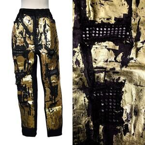 Vintage Y2K Rue Disco Grunge Novelty Gold Splatter Rhinestone Ripped Black Jeans